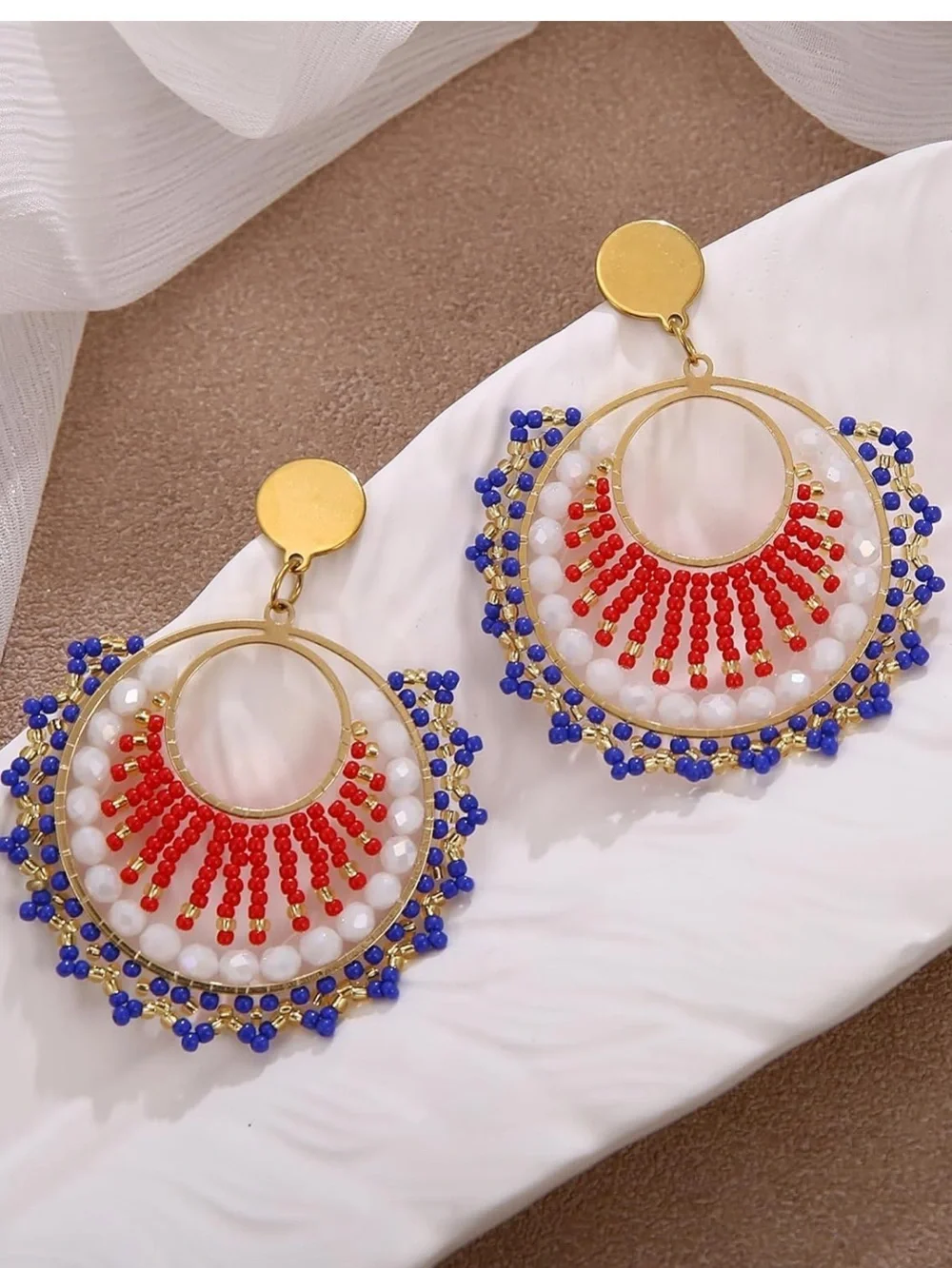 Anthropologie Red White & Blue Beaded Hoop Earrings